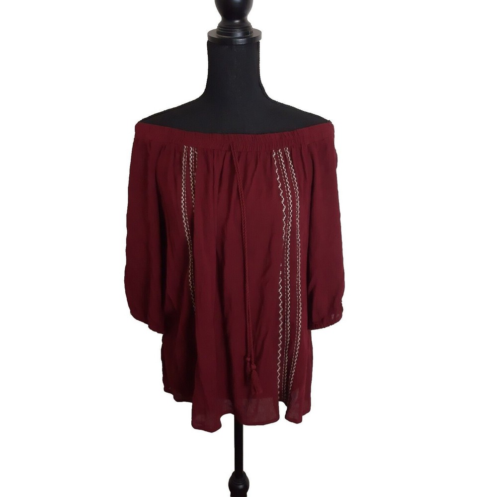 NEW Rose & Grace NYC Blouse Medium Off Shoulder Maroon Peasant Embroidered Boho